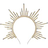 COSUCOS Sun Goddess Halo Crown - Sunburst Gold Spiked Virgin Mary Headband with Pearls, Golden Halo Crown Headpiece Women Renaissance Cosplay Costume Hair Accessories for Halloween Costume Party Prom