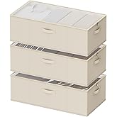 Chizjox 10inch 3 Pack Under Bed Storage Containers, 10 Inch Tall Underbed Clothes Storage Organizer Bin with Clear Window，Foldable Box Basket for Clothes, Closet, Bed Sheets and Blankets Beige
