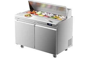 Coolake 48''W Commercial Salad Sandwich Prep Table Refrigerator, 2 Door Stainless Steel 13.5 Cu.ft Counter Fan Cooling Refrigerator with 12 Pans for Restaurant, ETL DOE