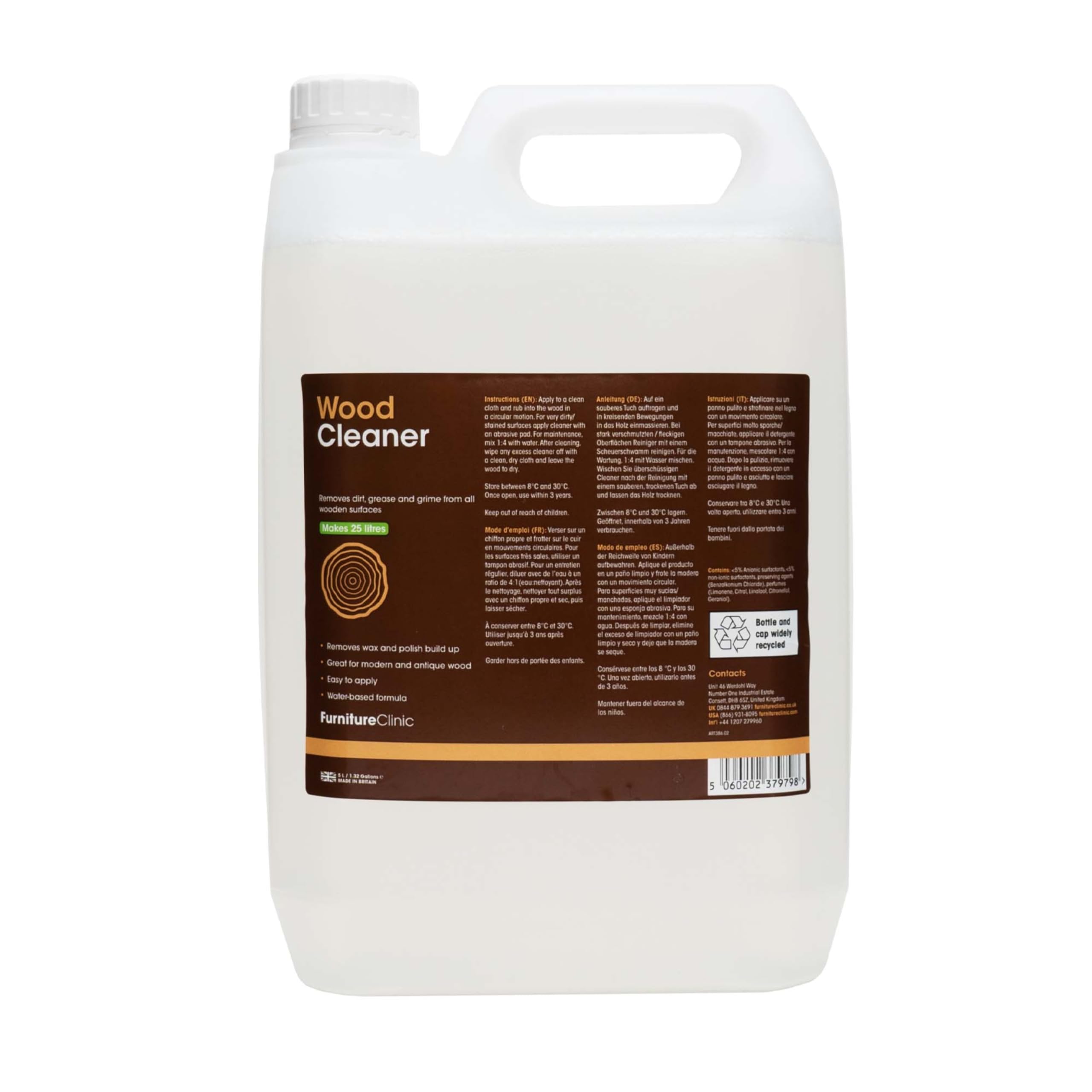 Furniture Clinic Wood Cleaner | Restore & Clean Wooden Floors, Furniture, Blinds, Doors, Decking and Many other Wood Surfaces - Easily Remove Wax & Polish Build up, Grease and Grime (5000ml)