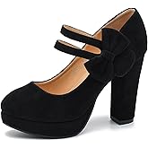 MAIERNISI JESSI Women's Platform Mary Jane Pumps with Bow, 3.94 Inch Block Heel Dress Shoes