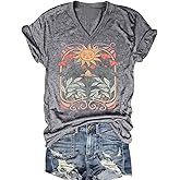 Women's T-Shirts V-Neck Dragonfly Tee Cute Summer Graphic Shirts Vintage Boho Flowers Short Sleeve T Shirt