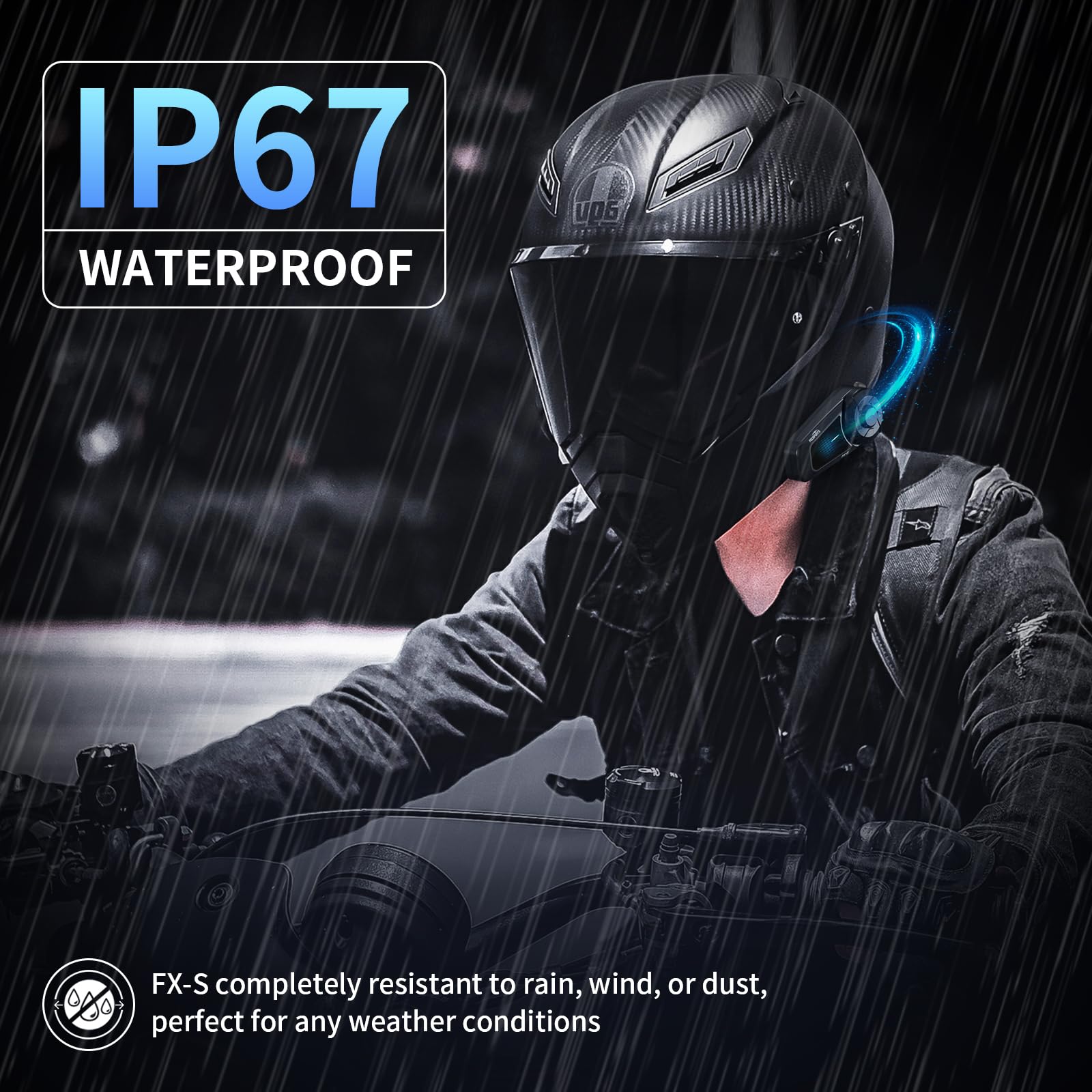 Fodsports FX-S Motorcycle Bluetooth Headset V5.4, 2-Way Helmet Intercom Communication System with IP67 Waterproof, CVC Noise Cancellation, Hands-Free Music/Call, 2 Type Mics, Black, 1 Pack