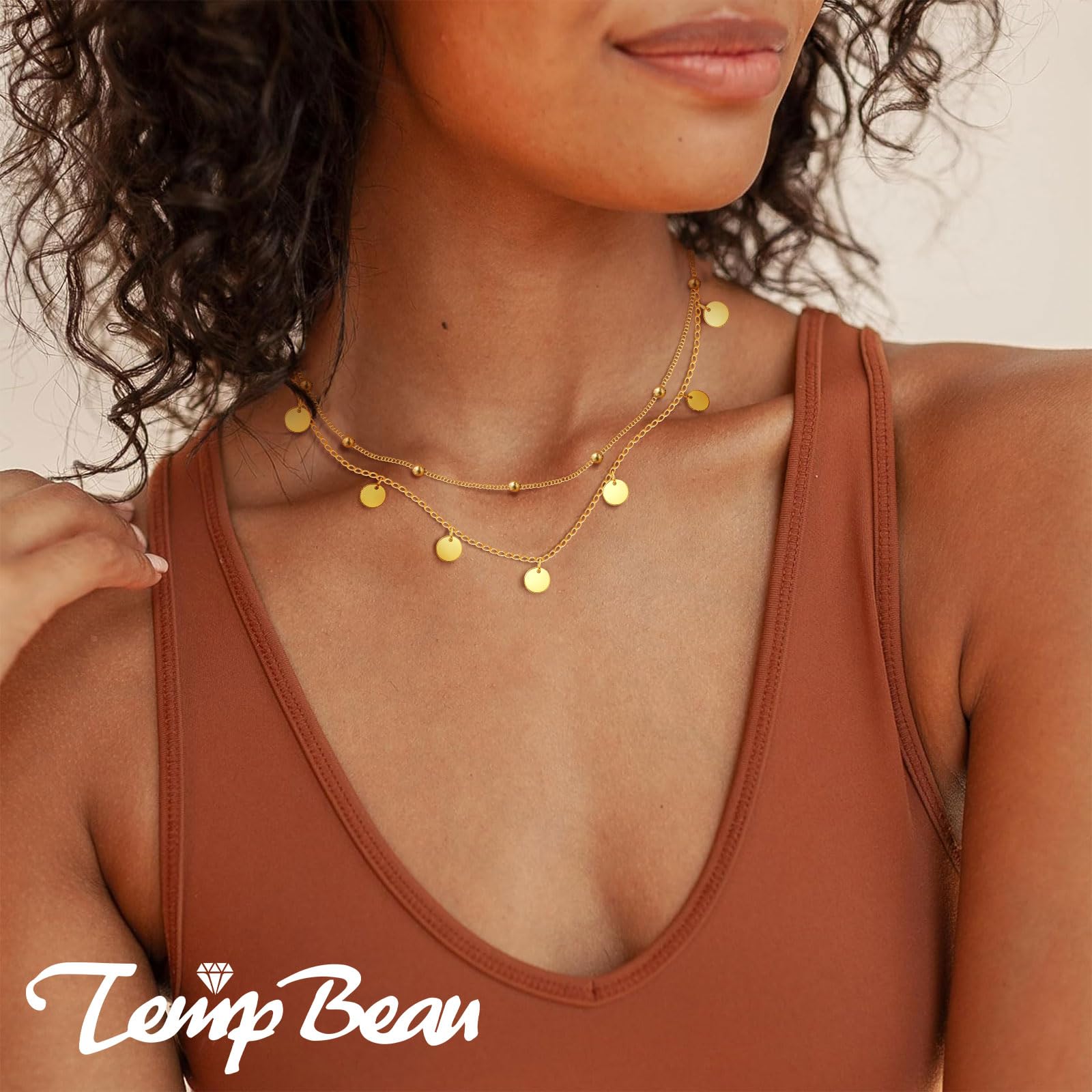 TempBeau Halskette Damen mit Kleinen Runden Plättchen, 18K Vergoldet Halsketten für Frauen aus Edelstahl, Layering Kette Damen 40+5 CM für Geburtstag Muttertag Jahrestag Geschenk (Runde Marke) 2