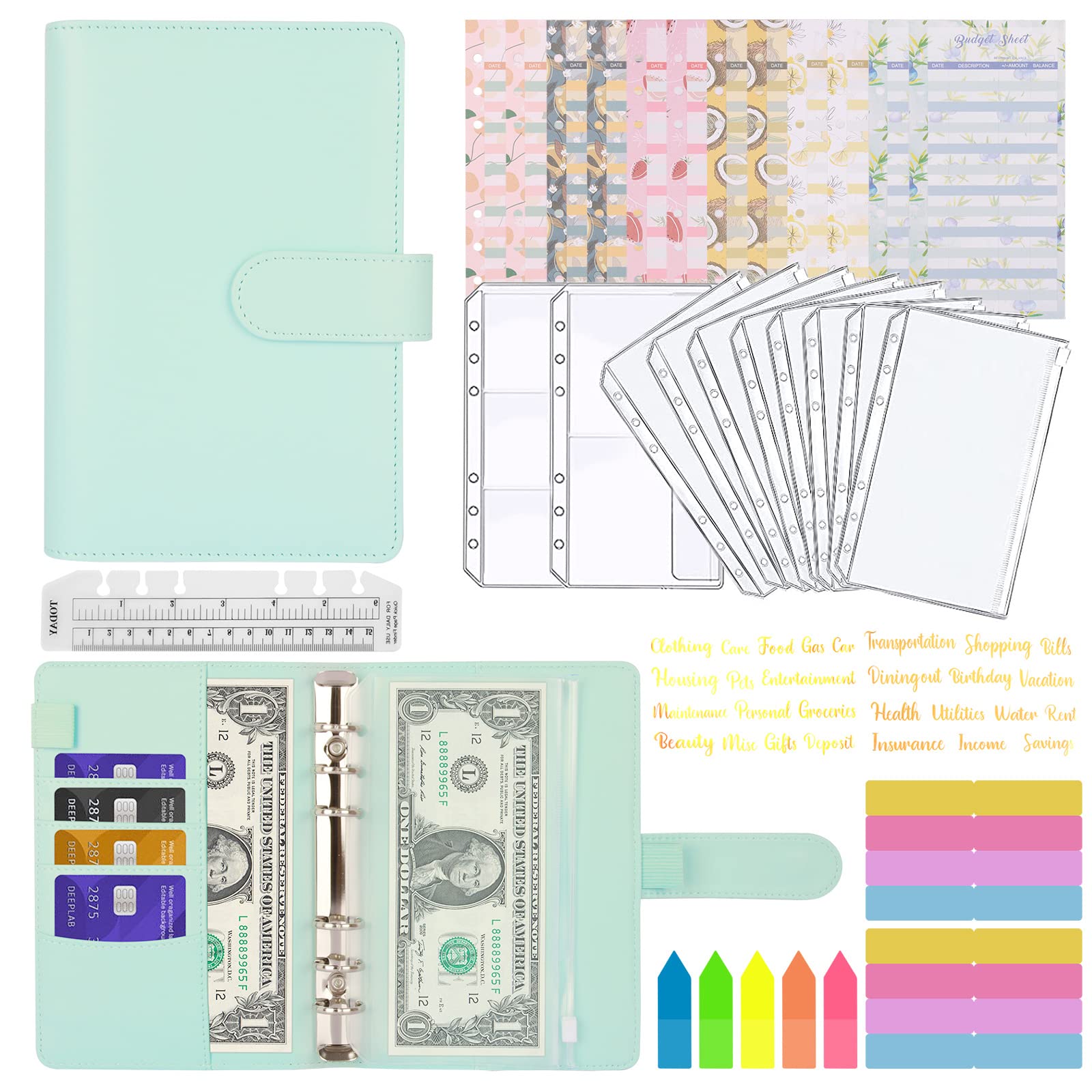 MARICATO A6 Budget Binder, 29pcs Budget Binder with Zipper Envelopes, Money Organizer for Cash, Leather Notebook Budget Binder, Cash Envelopes for Budgeting, Budget Sheets and Label Stickers-Turquoise