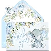 Whaline 24 Pack Baby Shower Thank You Card Blue Elephant Floral Greeting Card with Envelope Sticker Flower Animal Blank Note Card for Party Invitation Supplies, 4 x 6 Inch