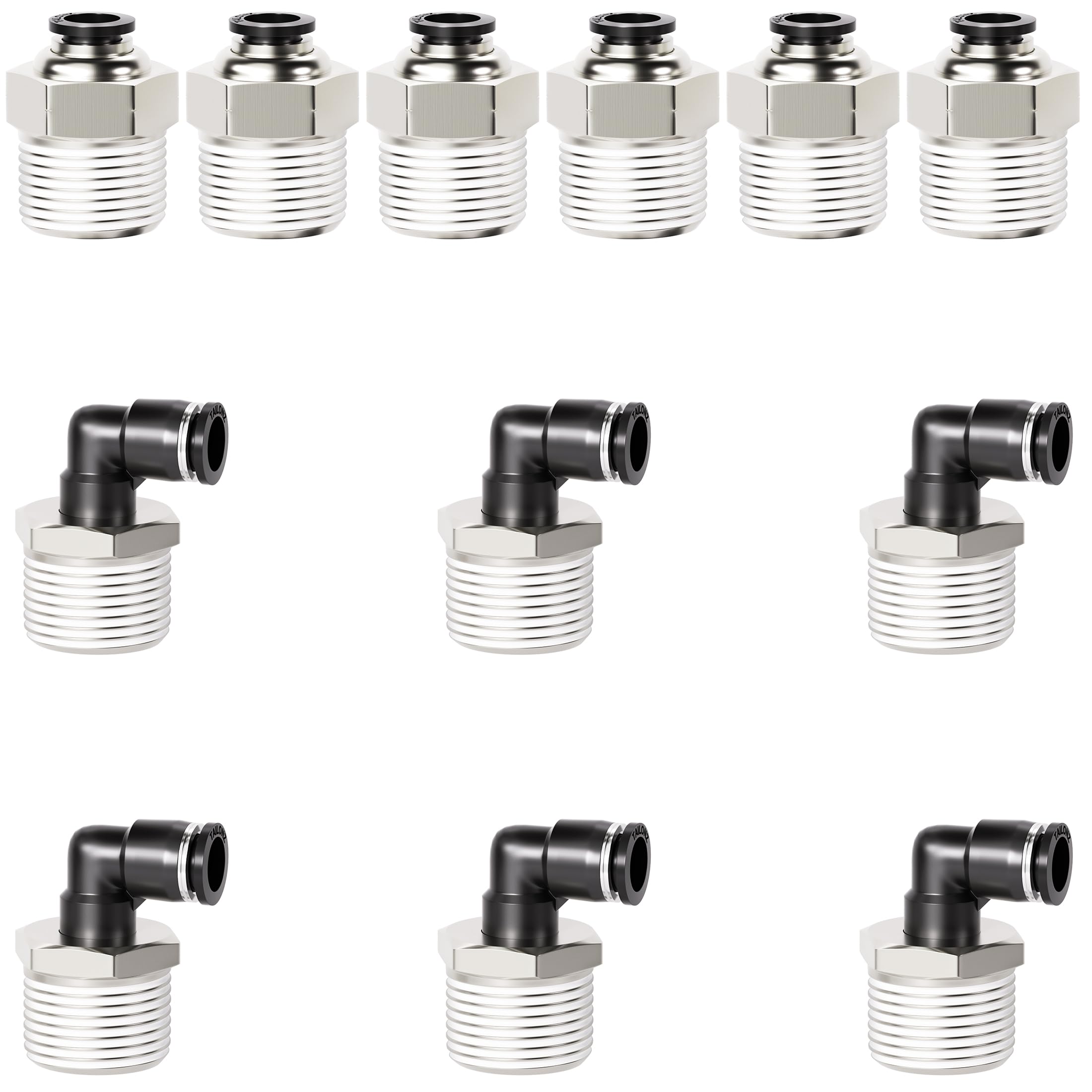 TAILONZ PNEUMATIC Elbow and Straight Combination 1/4 Inch Tube OD x 1/2 Inch NPT Thread Push to Connect Fittings PC-1/4-N4+PL-1/4-N4(Pack of 12)