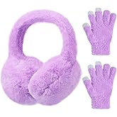 Pop Your Dream Kids Plush Earmuffs and Gloves Set Girls Boys Winter Faux Fur Ears Muffs Covers Outdoor Ear Warmers Age 7-12
