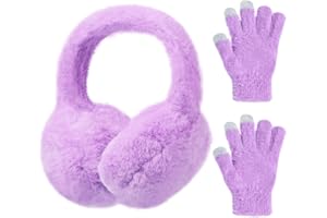 Pop Your Dream Kids Plush Earmuffs and Gloves Set Girls Boys Winter Faux Fur Ears Muffs Covers Outdoor Ear Warmers Age 7-12