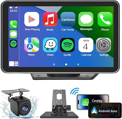Portable Wireless with Apple CarPlay and Android Auto Screen for Car, 7" HD Touch Screen Car Stereo with Mirror Link, Bluetooth 5.2, Backup Camera, AUX,FM Transmitter for All Vehicle