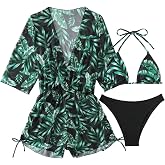 WDIRARA Women's Tropical Plant Print 3 Piece Bikini Set | High Cut, Halter, Drawstring Cover Ups