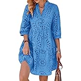 utcoco Women's 2025 Eyelet Lace Midi Dress V Neck Puff 3/4 Sleeve Button Tiered Sexy A Line Sun Dress