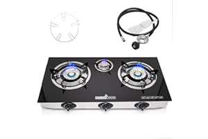 RegiisCook 3 Burner Propane Gas Cooktop,Camping Portable LPG Gas Stove, Auto Ignition Tempered Glass Countertop with regulator and burner grate
