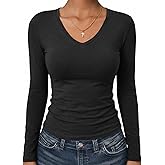 Mosocow Long Sleeve Shirts for Women Cotton Jersey V Neck Going Out Tops Slim Fit Fall Casual Basic Tee