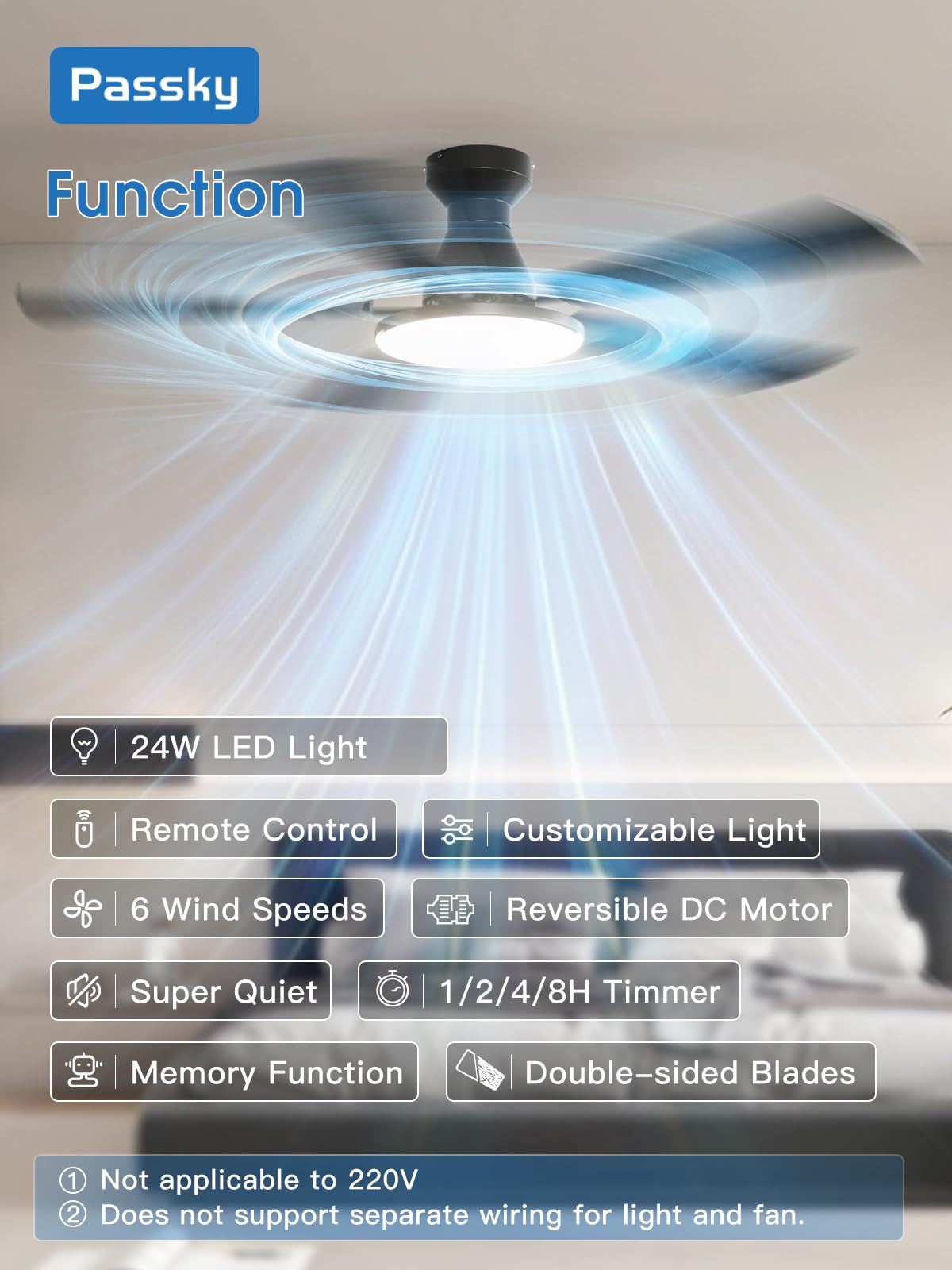 Passky Ceiling Fans with Lights, 52 inch Sleek Ceiling Fan with Light and Remote Control, 3CCT, Dimmable, Reversible, Noiseless, Black Ceiling Fan for Bedroom, Living Room