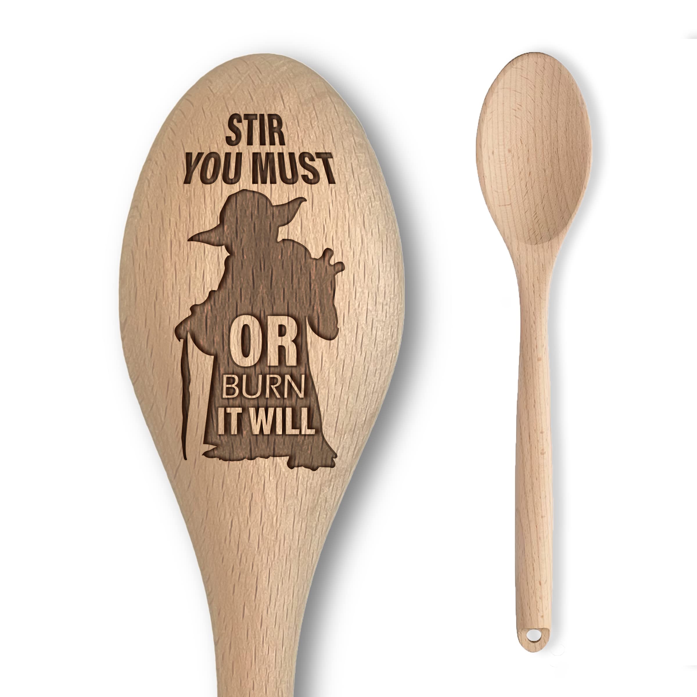 Alien Space Wars Inspired Wooden Spoon – “Stir You Must, or Burn it Will” Inscription – Funny Parody Cooking Baking Gift for Men & Women - Unofficial Fan Item (Stir You Must)