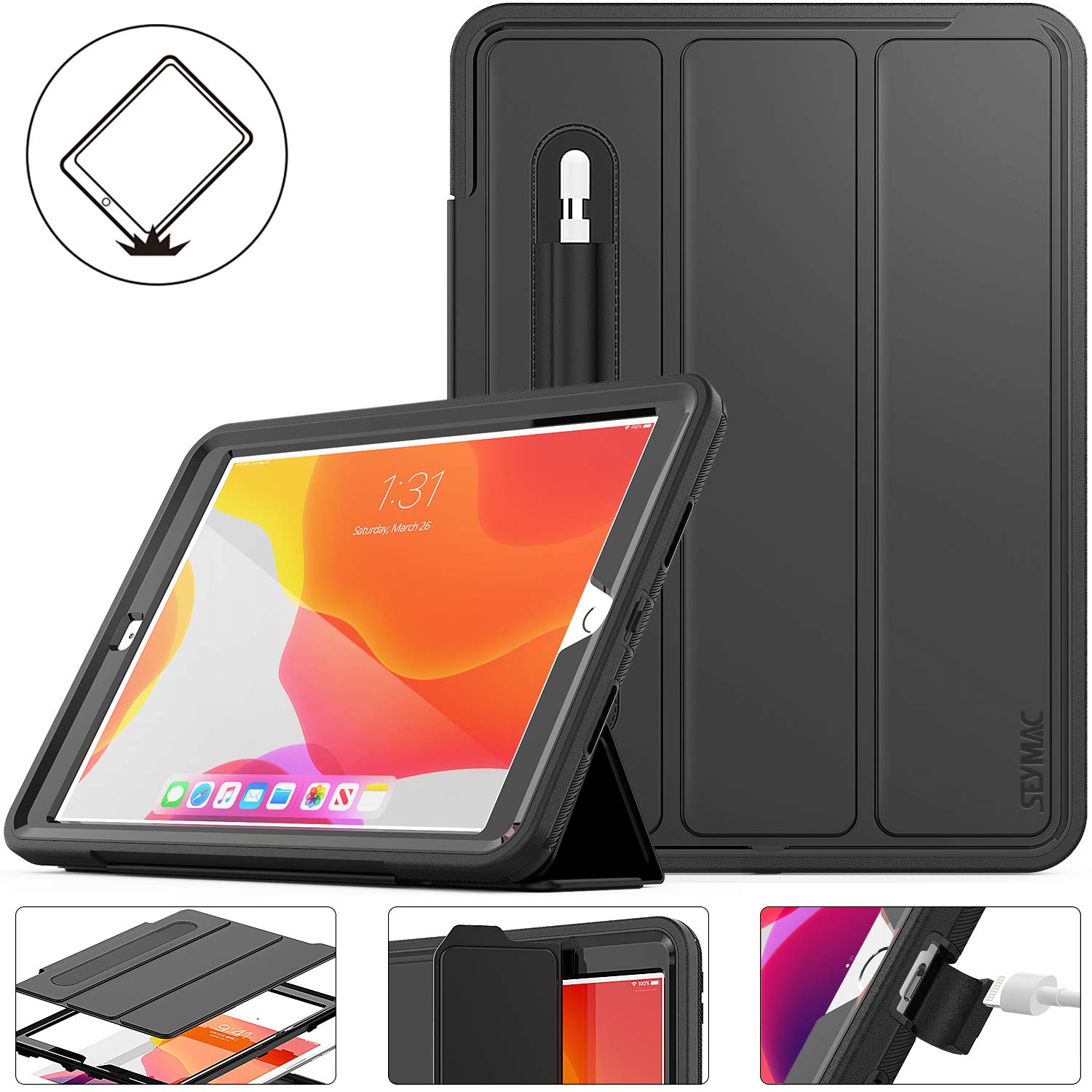 SEYMAC stock iPad 9th/8th/7th Generation Case Inch, Heavy Duty  Shockproof Case with Pencil Holder Trifold Stand Auto Sleep/Wake Magnetic  Cover