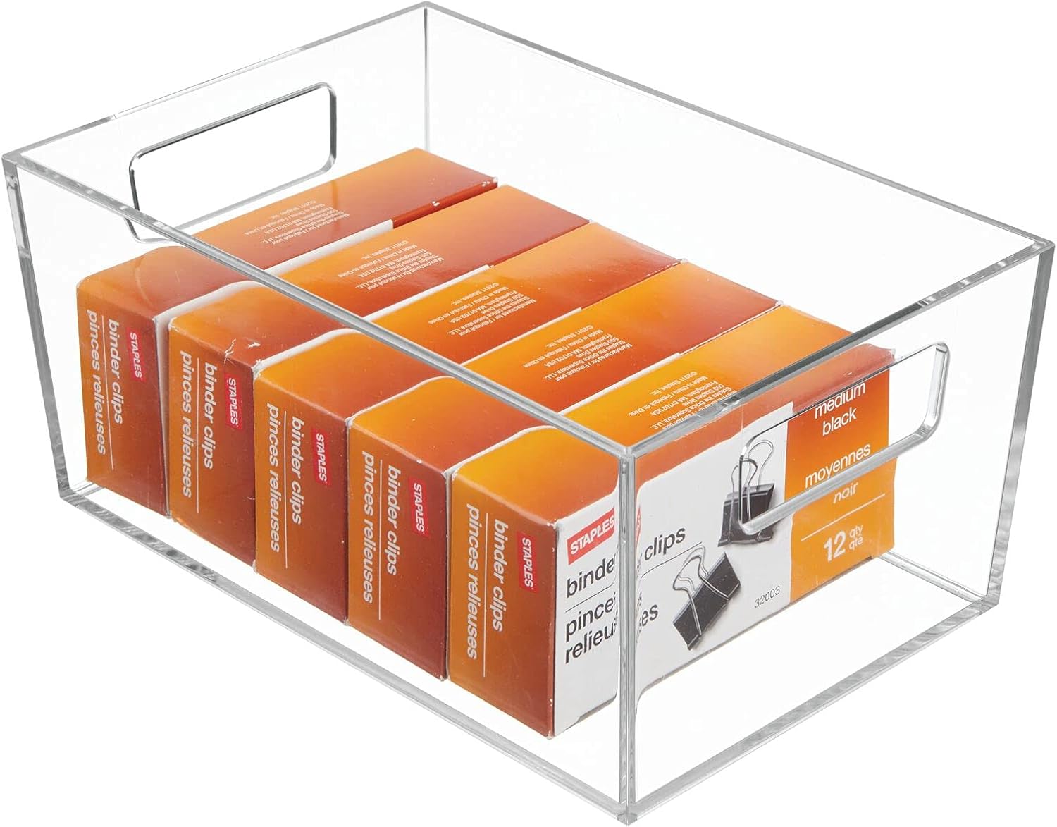 mDesign Rectangular Plastic Office Supplies Storage Organizer Bin with Handles for Paper Pads, Pens, Pencils, Dry Erase Markers, Highlighters, Sticky Notes, Mailing Labels - Small, 2 Pack - Clear: Home & Kitchen