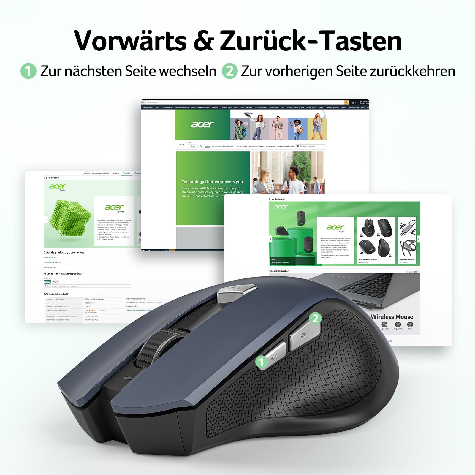 acer Maus Kabellos, 2.4GHz 1600 DPI Funkmaus, 3 Einstellbare DPI Wireless Mouse mit 6 Tasten, Batteriebetriebene Kabellose Maus für Laptop, PC und MacBook, Empfohlen für Rechtshänder 4