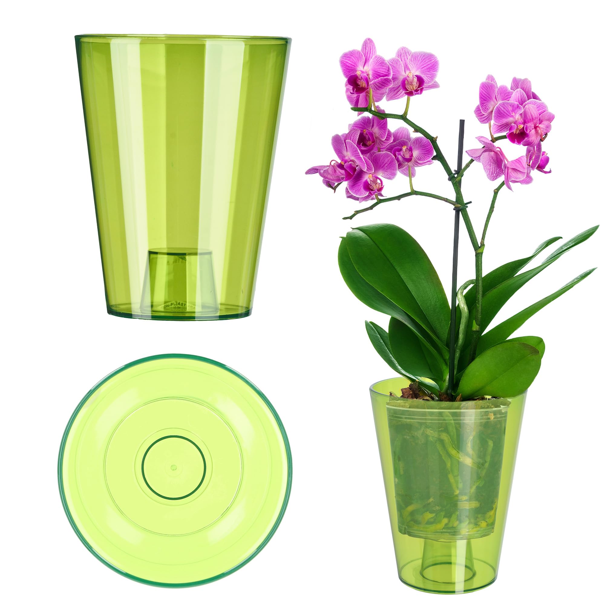 KADAX Orchid Pot, Plastic Flowerpot in Several Colours, Lightweight Plant Pot in Multiple Sizes, Elegant Pot for Living Room, Office and Bedroom (⌀12 cm, Round, Green)