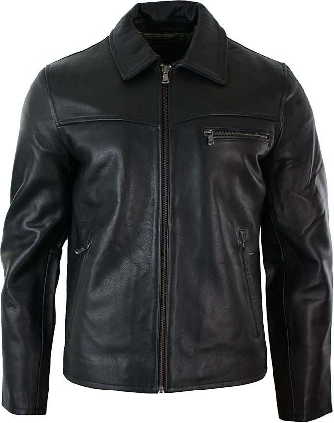 Mens Classic Real Leather Soft Hide Zipped Collar Box Jacket Smart