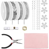 Fesorsi Silver Chain for Jewelry Making, 29.5ft 4 Style Steel Jewelry Chain, Electroplating Process, for DIY Necklace Chains, Tassel Pendants, with Jump Ring, Lobster Clasp, Pliers