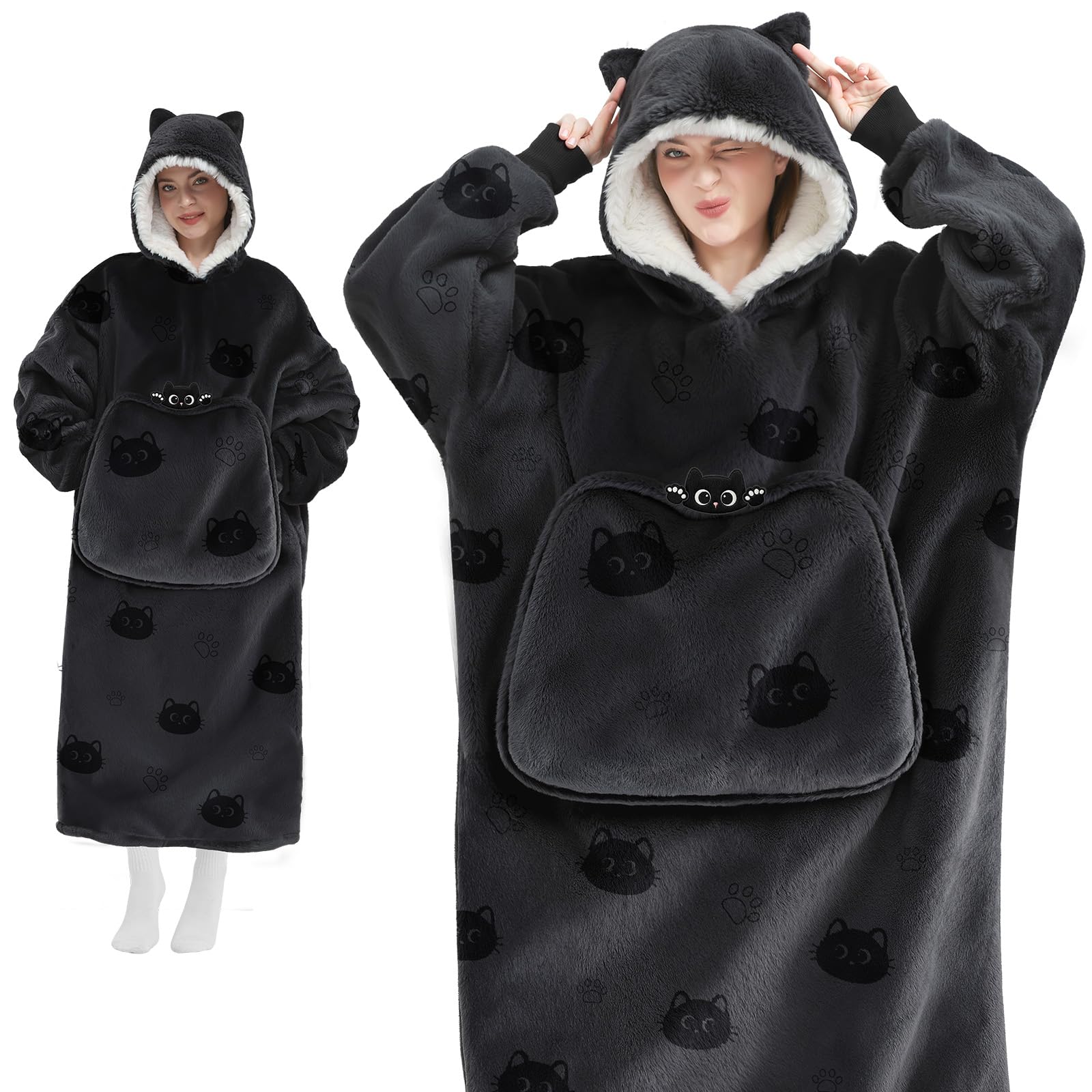 Photo 1 of Mewaii Wearable Blanket Hoodie for Adults, Cozy Black Cat Sherpa & Flannel Hooded Blanket