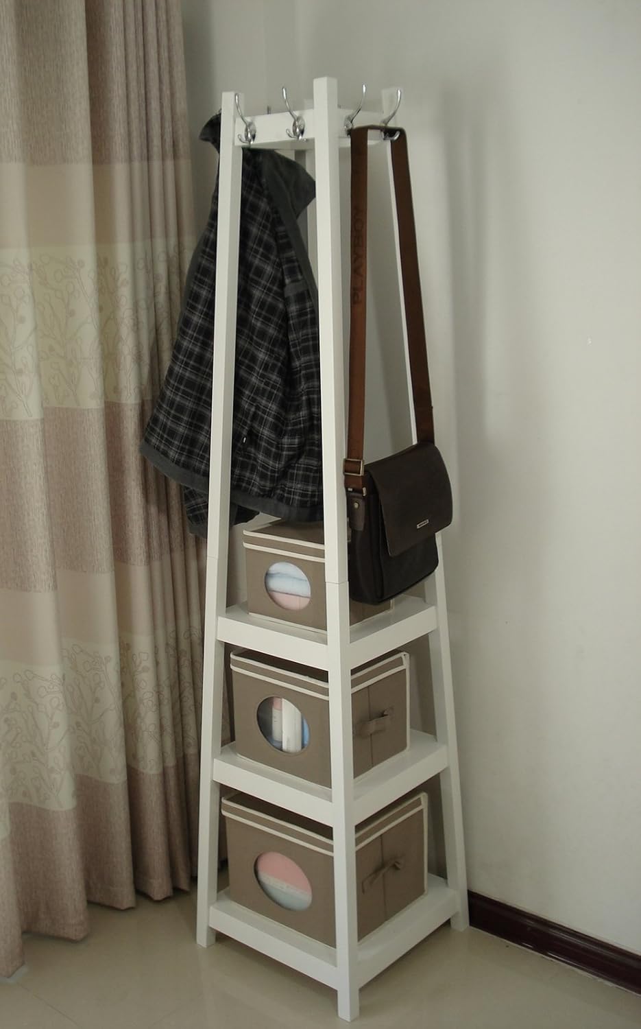 HomecharmIntl HC039 Wooden coat rack stand with storage shelves,white