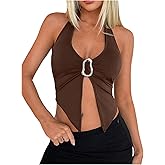 SOLY HUX Women's Halter Top V Neck Sleeveless Split Hem Backless Y2k Crop Tank Tops