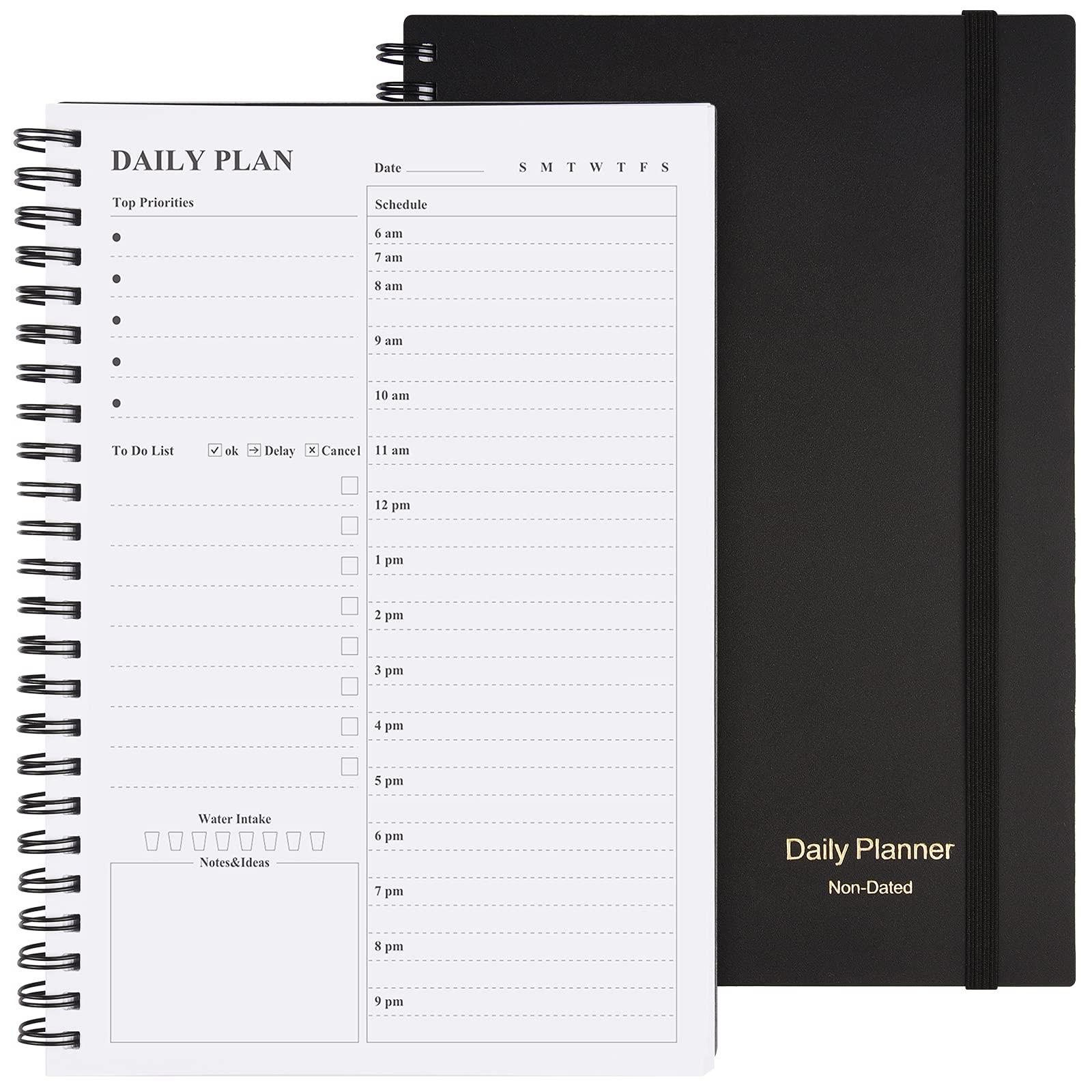 Daily Planner Undated, Asten to Do List Notebook Hourly Schedules Spiral Appointment Planner for Men and Women,PVC Hardcover,Elastic Closure, Inner Pocket 14.7 x 21.2cm (Black)