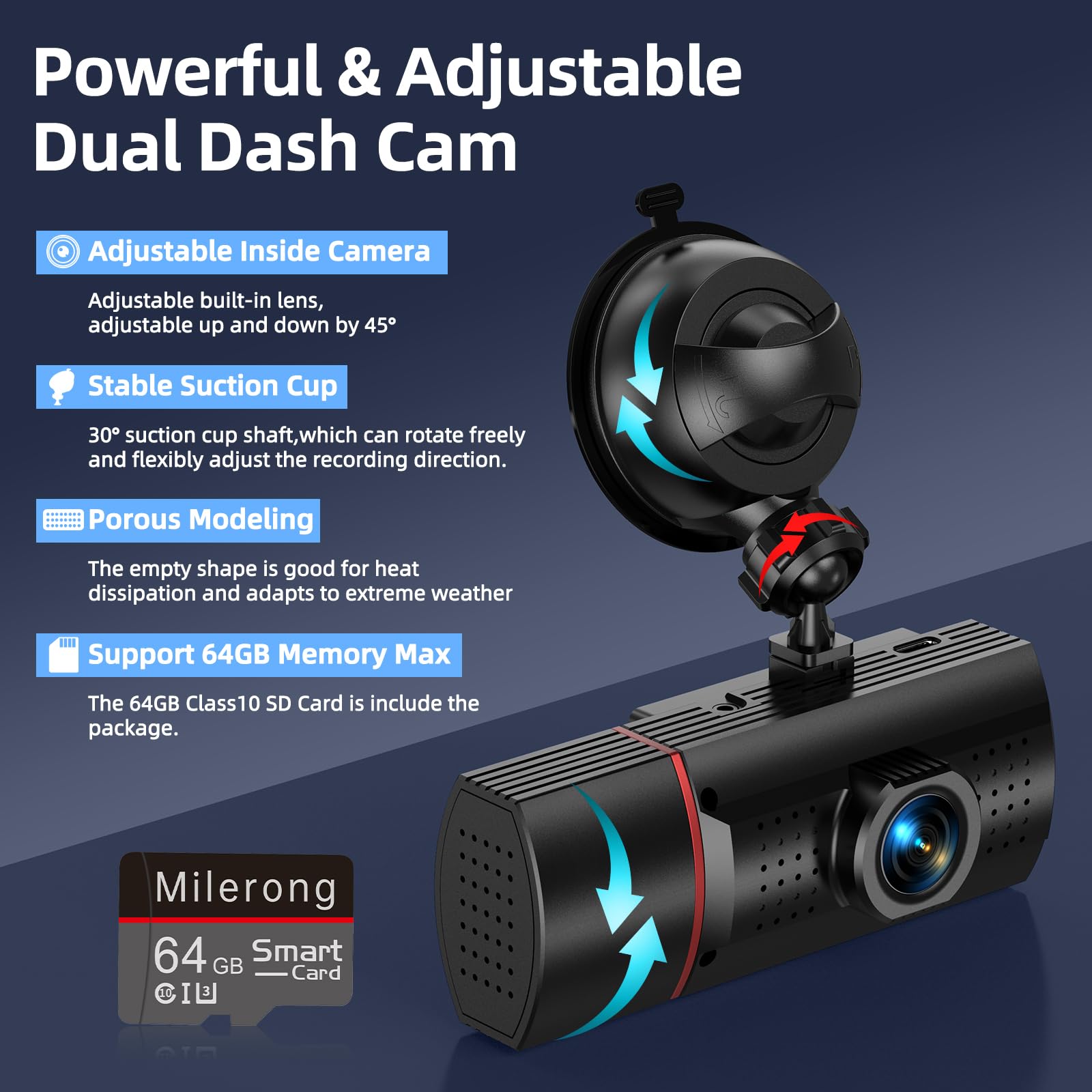 Dual Dash Cam Front and Inside with 64GB Card,Milerong X25 1080P Dash Camera for Cars with Infrared Night Vision,Loop Recording,G-Sensor,24H Park Monitor,Inside Car Camera for Uber/Lyft/Taxi Driver