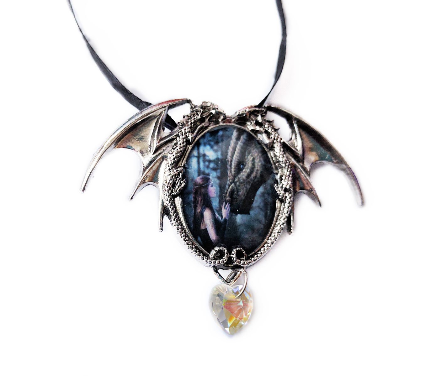 Once Upon A Time - Dragon Cameo Oval Cabochon Style Pendant Necklace in Double Winged Dragon Setting with Heart Style Manmade Crystal Dropper, Ribboned - Artwork by Anne Stokes