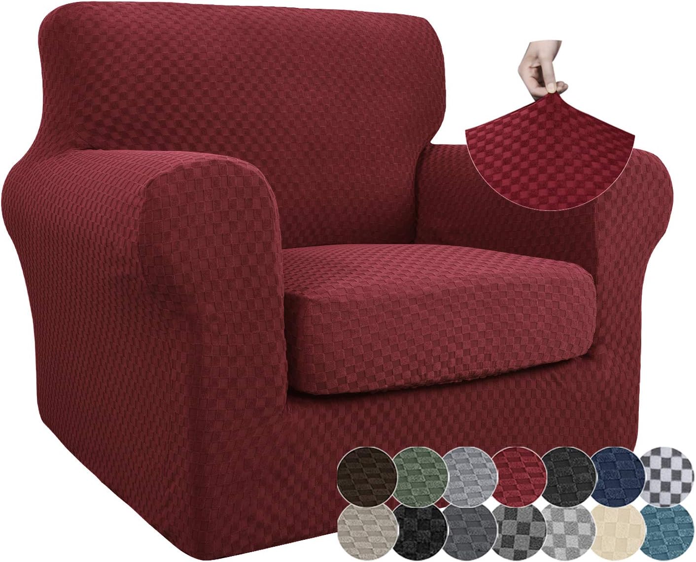 ZNSAYOTX 2 Piece Jacquard Chair Slipcover for Living Room Super Stretch Chair Covers with Arms Pet Dog Universal Slip Cover Anti Slip Armchair Furniture Protector (Chair, Wine Red): Kitchen & Dining