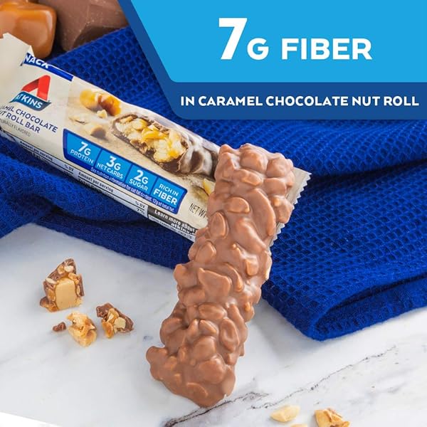 ATKINS CARAMEL CHOCOLATE NUT ROLL SNACK BAR, PROTEIN SNACK, HIGH IN FIBER, 2G SUGAR, 8 COUNT