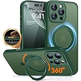 CANSHN 360° Spin Magnetic Stand for iPhone 16 Pro Max Case with Camera Control [Full Camera Protection] [Compatible with Magsafe] Translucent Matte Shockproof Protective Phone Cover 6.9" - Deep Green