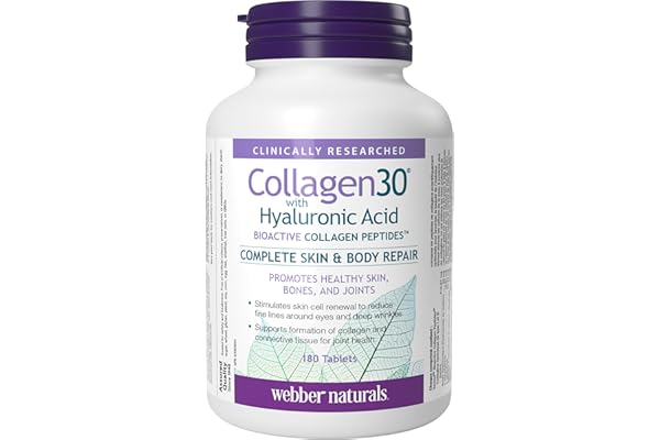 Webber Naturals Collagen30 with Hyaluronic Acid, Bioactive Collagen Peptides, 180 Tablets, Helps Reduce Joint Pain, Eye Wrink