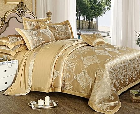 Amazon 人絹 人造 シルク 布団カバー セット 4点セット 北欧 キングサイズ グレー 布団カバー2x240cm 1枚 シーツ250x270cm 1枚 枕カバー 48x74cm 2枚 ゴールドブラウン 寝具カバーセット 通販