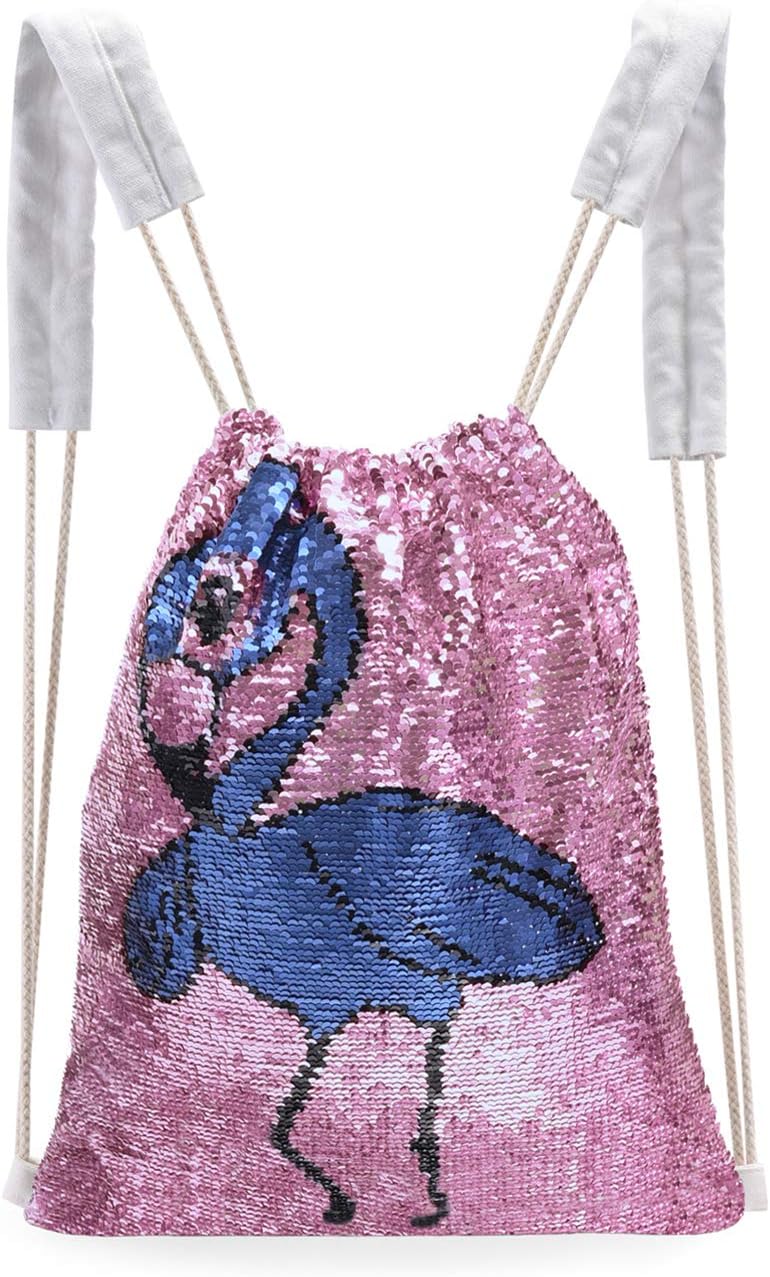 Mermaid/Flamingo Reversible Sequin Drawstring Backpack/Bag Pink for Kids Girls (Flamingo)