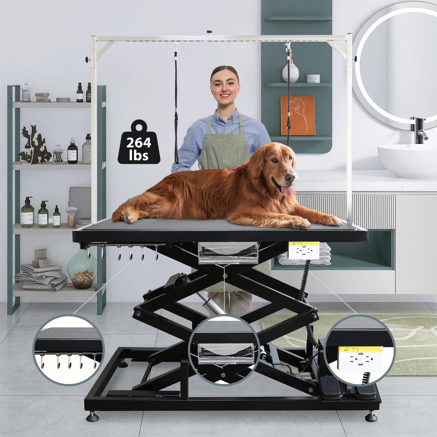 Photo 1 of UDSONFY Electric Pet Dog Grooming Table, 50" Heavy Duty Grooming Table Professional Double X-Lift for Large Dogs Adjustable Height: 12"-45.8" Non-slip, AC Outlets, Storage Tray, 2 Nooses, Black