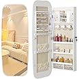Nicetree LED Mirror Jewelry Cabinet, Rounded Jewelry Armoire Organizer, Wall or Door Mounted Jewelry Organizer with Interior Mirror, Lockable Wide Mirror with Jewelry Storage, 2 Drawers, Pure White