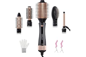 USBELFF Hot-Air Blow Hair Dryer Brush - 5-in-1 Kit for One Step Hair Volumizing, Drying, Straightening, Slightly Waving and Styling, Adjustable Temp and Air Speed, 5 Detachable Brush Head, Black-Gold