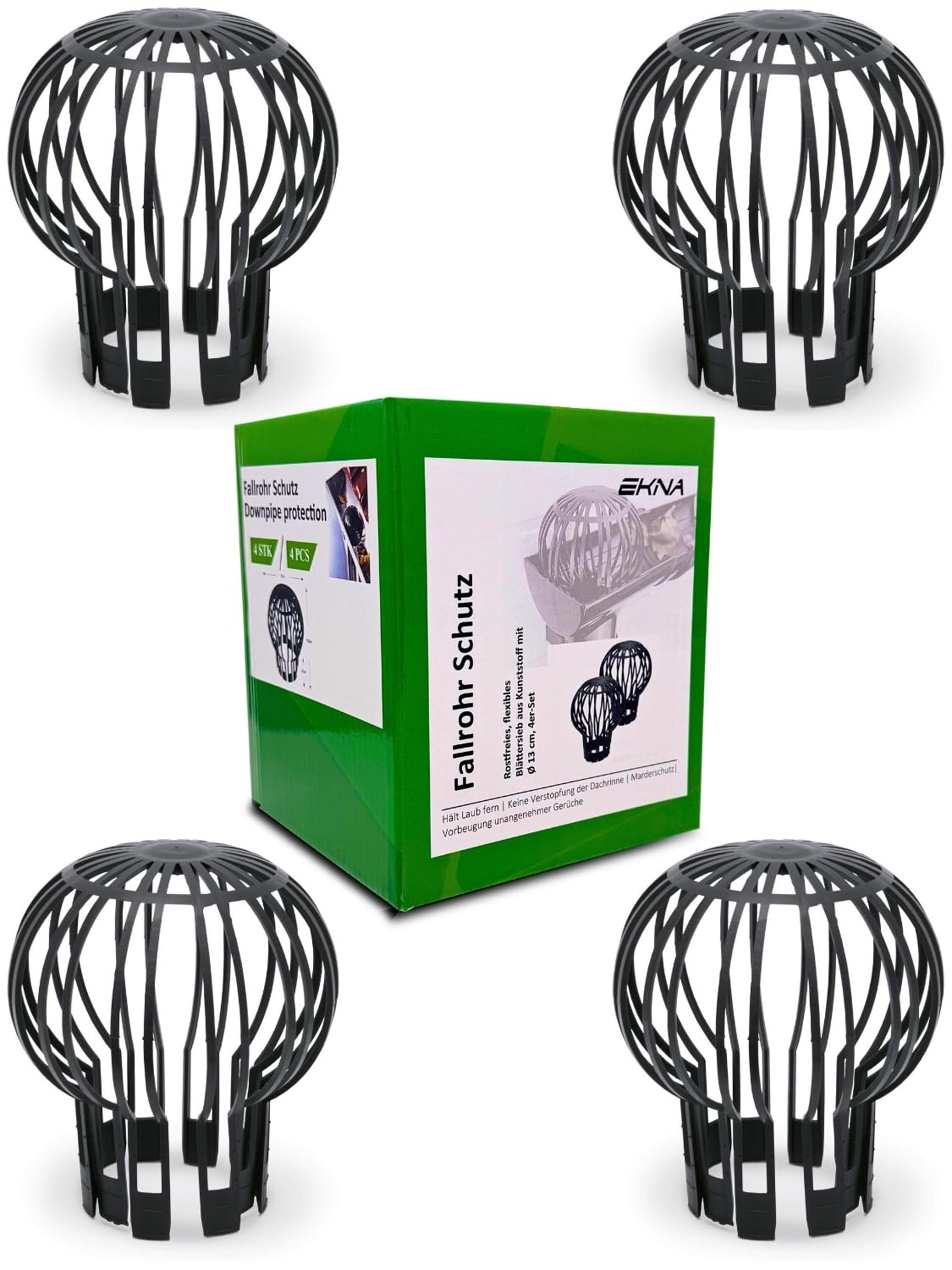 EKNA Downpipe Leaf Protection – 4 x Gutter Downpipe Protection – Plastic Gutter Filter – Rustproof – Easy to Install and Clean Diameter 13 x H 14.5 cm (Set of 4)