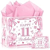 Large 11th Birthday Gift Bag for Girls Pink Bow 11 Year Old Gift Bags with Wrapping Paper and Greeting Card Happy 11th Birthday Party Favor Bag for Girls Eleven Years Old Gifts Decorations Supplies