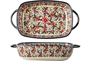 Bicuzat Red Daisy Flower Vintage Style Ceramic Bakeware Casserole Dish Baking Pan Lasagna Pans Baking Dish with Handles for Oven/Cooking/Kitchen-1 PCS, 60 OZ