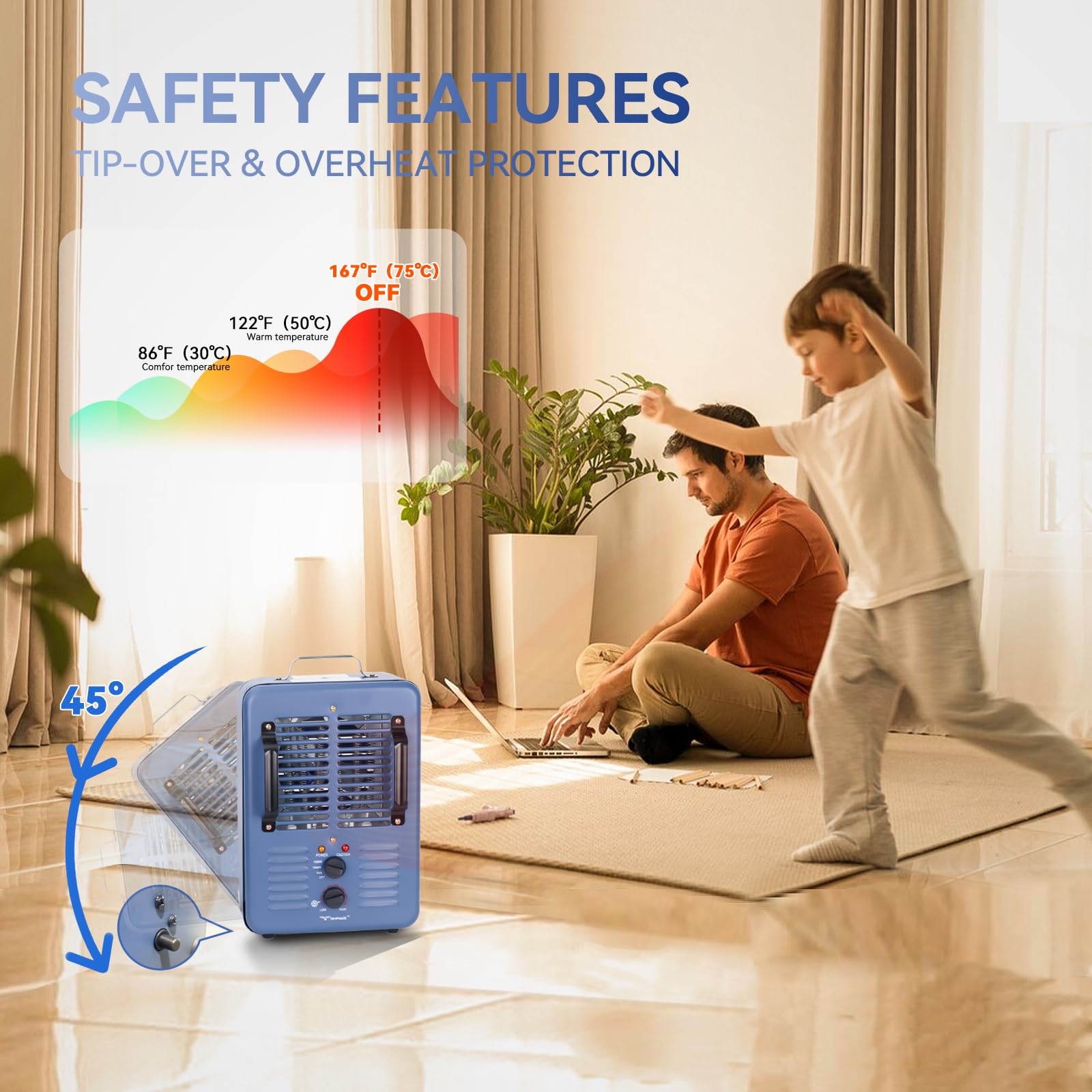 Milkhouse Space Heater, 1300W/1500W Heater with Thermostat, 3 Heat Settings, Safe and Quiet Heater, Anti-Freezing Setting for Garage Workshop Warehouse, Blue