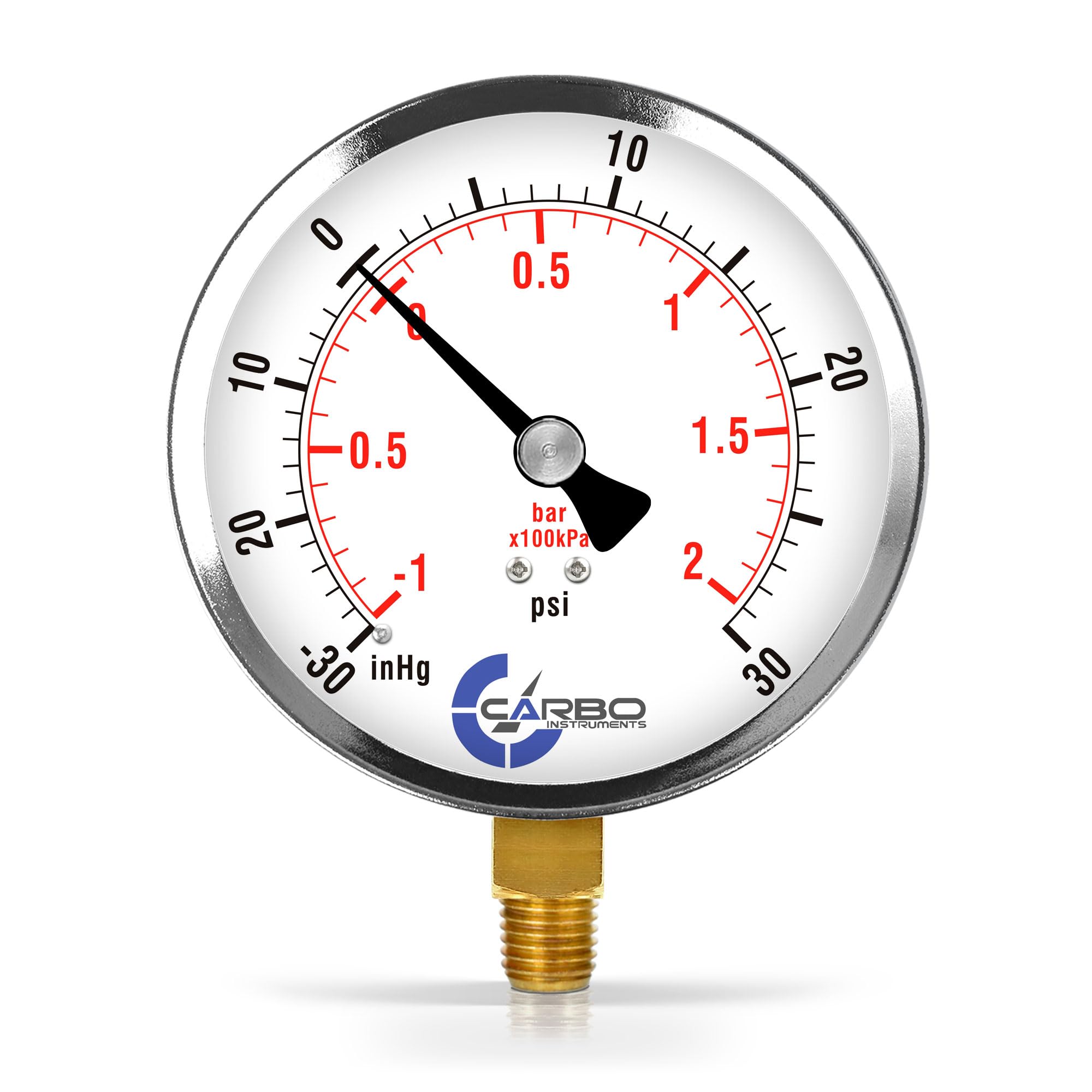 CARBO Instruments 4" Pressure Gauge, Chrome Plated Steel Case, Dry, Vacuum -30Hg/30PSI, Lower Mount 1/4" NPT
