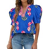 Cicy Bell Womens Summer Puff Sleeve Blouses Casual Dressy V Neck Color Block Tops Loose Fit Boho Floral Printed Tee Shirts