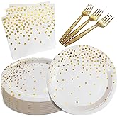 WXLDGHQ White and Gold Paper Plates Napkins Party Supplies,Disposable Gold Dot Paper Dessert Plates,105 PCS Birthday Plates and Napkins Party Supplies for Wedding(Serves 35 Guests 7")
