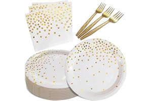 WXLDGHQ White and Gold Paper Plates Napkins Party Supplies,Disposable Gold Dot Paper Dessert Plates,105 PCS Birthday Plates and Napkins Party Supplies for Wedding(Serves 35 Guests 7")
