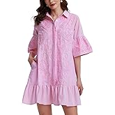 Kedera Women's Summer Button Down Shirt Embroidered Dress Ruffle Sleeve Shift Mini Dresses with Pockets